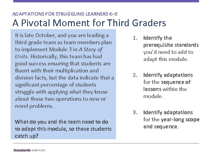 ADAPTATIONS FOR STRUGGLING LEARNERS K– 5 A Pivotal Moment for Third Graders It is