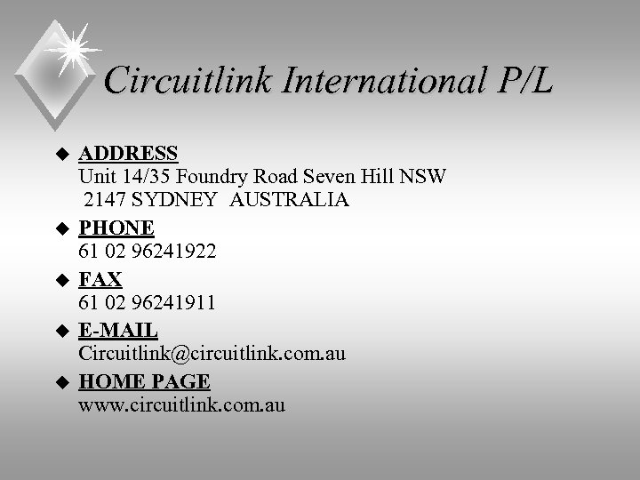 Circuitlink International P/L u u u ADDRESS Unit 14/35 Foundry Road Seven Hill NSW