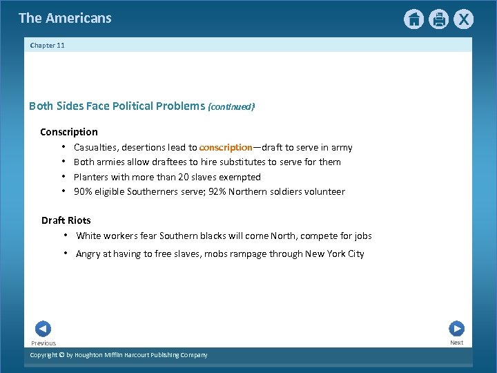 The Americans Chapter 11 Both Sides Face Political Problems {continued} Conscription • Casualties, desertions