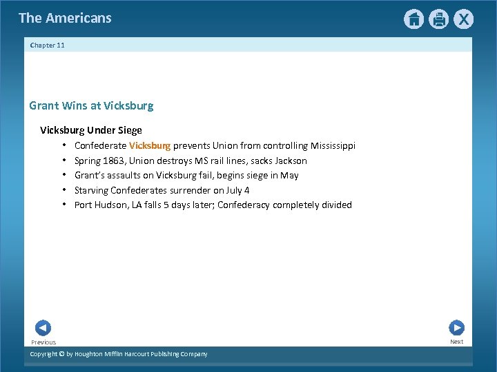 The Americans Chapter 11 Grant Wins at Vicksburg Under Siege • Confederate Vicksburg prevents