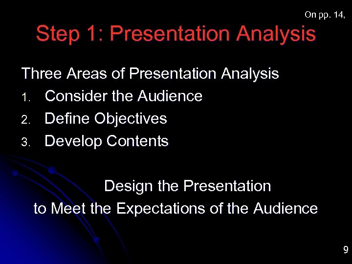 On pp. 14, Step 1: Presentation Analysis Three Areas of Presentation Analysis 1. Consider