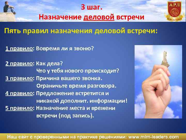 3 шаг. Назначение деловой встречи Пять правил назначения деловой встречи: 1 правило: Вовремя ли