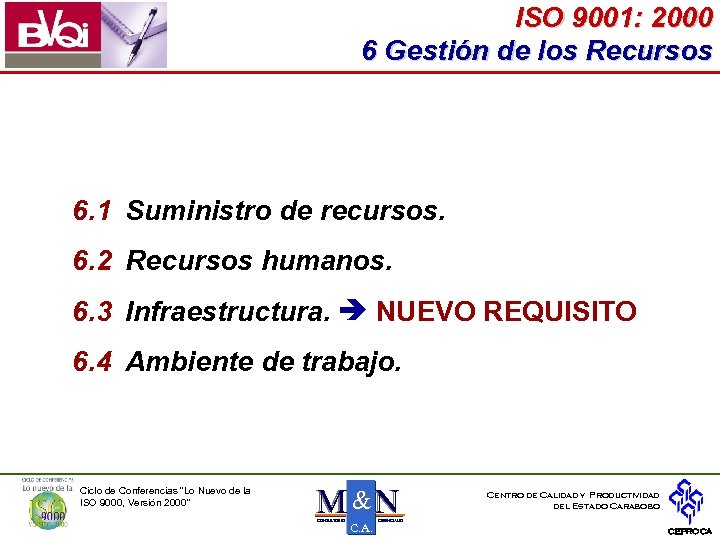ISO 9001: 2000 6 Gestión de los Recursos 6. 1 Suministro de recursos. 6.
