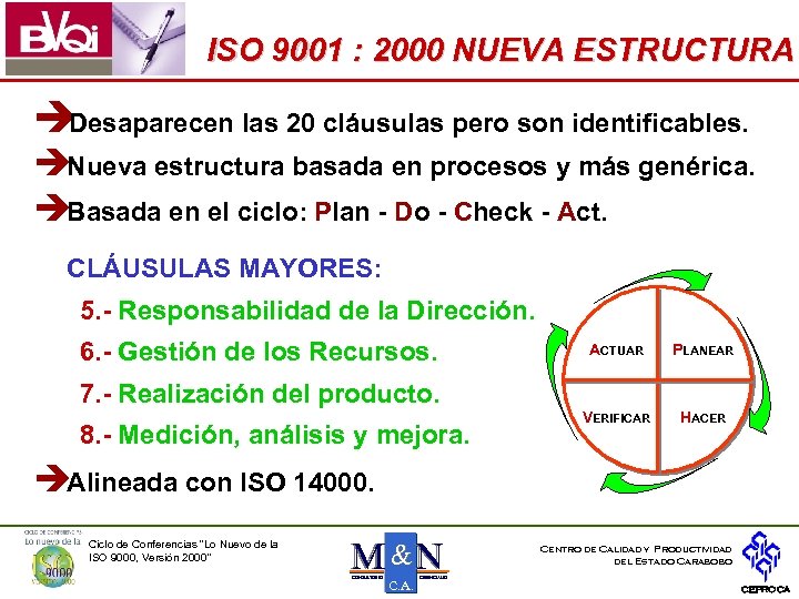 ISO 9001 : 2000 NUEVA ESTRUCTURA è Desaparecen las 20 cláusulas pero son identificables.