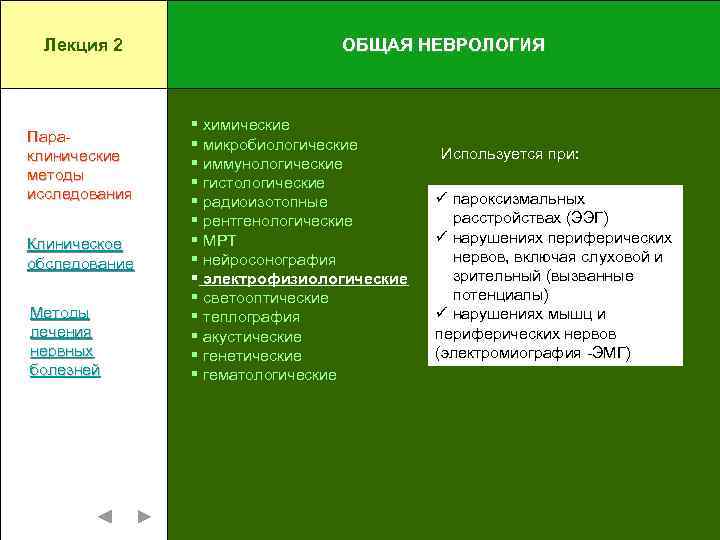 Лекция 2 Параклинические методы исследования Клиническое обследование Методы лечения нервных болезней ОБЩАЯ НЕВРОЛОГИЯ §
