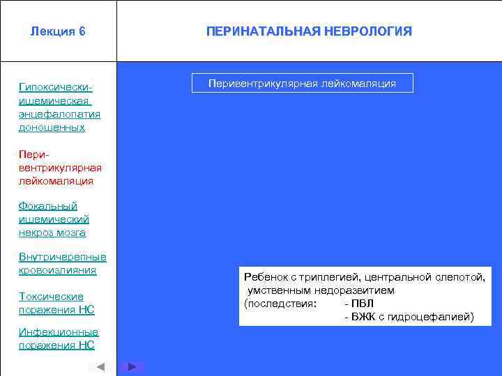 Лекция 6 Гипоксическиишемическая энцефалопатия доношенных ПЕРИНАТАЛЬНАЯ НЕВРОЛОГИЯ Перивентрикулярная лейкомаляция Фокальный ишемический некроз мозга Внутричерепные