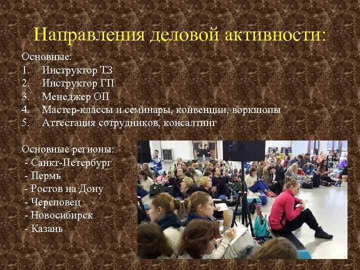 Направления деловой активности: Основные: 1. Инструктор ТЗ 2. Инструктор ГП 3. Менеджер ОП 4.