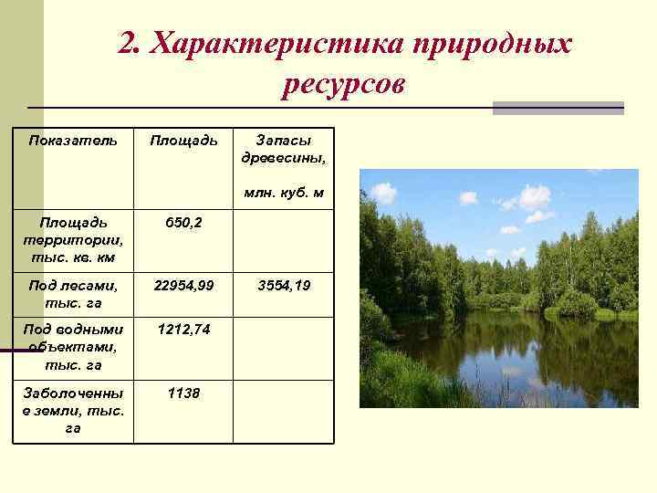 2. Характеристика природных ресурсов Показатель Площадь территории, тыс. кв. км 650, 2 Под лесами,