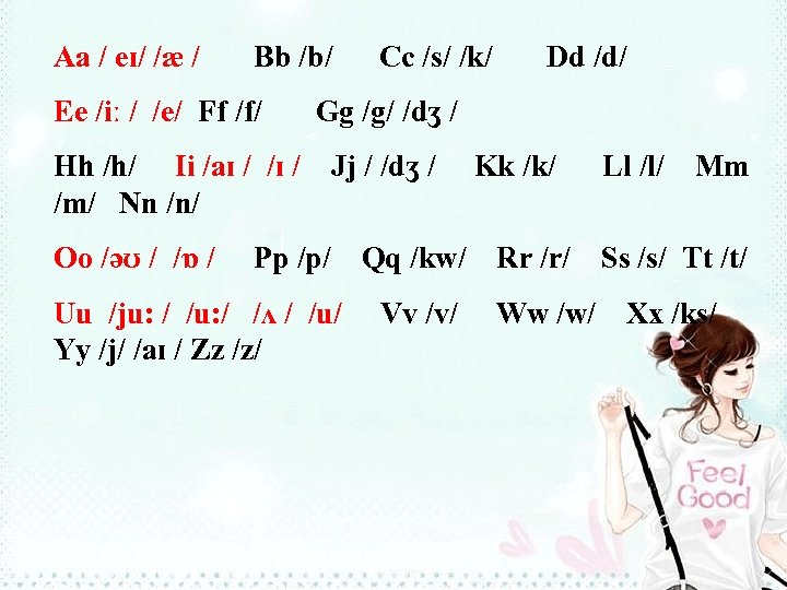 Aa / eɪ/ /æ / Bb /b/ Ee /iː / /e/ Ff /f/ Hh