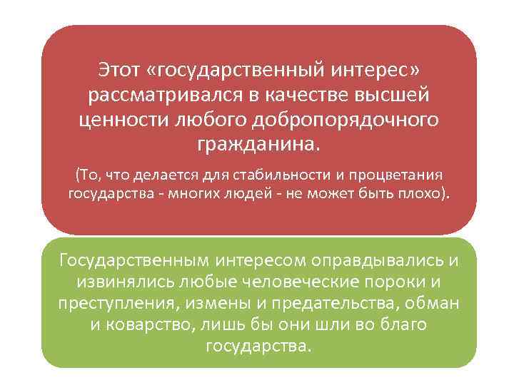 Этот «государственный интерес» рассматривался в качестве высшей ценности любого добропорядочного гражданина. (То, что делается