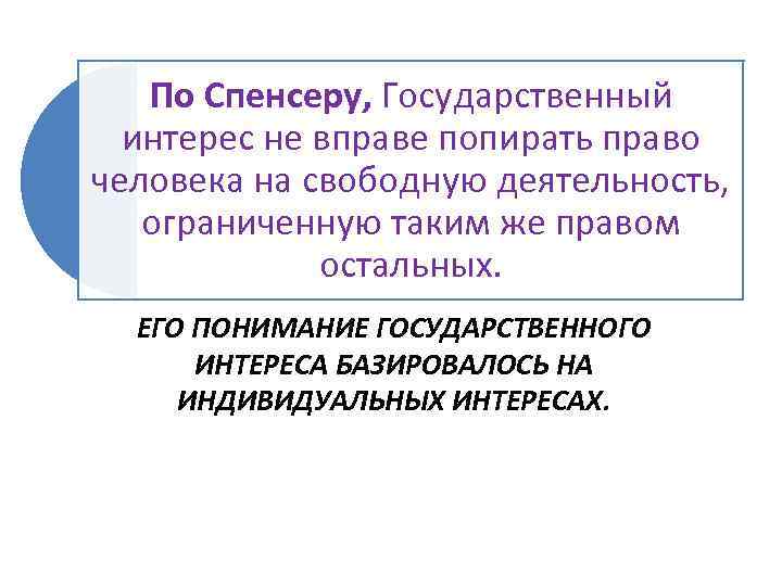 По Спенсеру, Государственный интерес не вправе попирать право человека на свободную деятельность, ограниченную таким