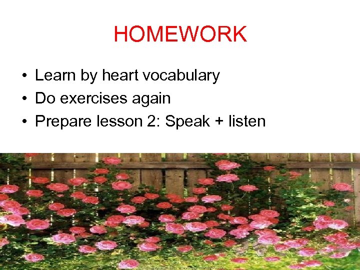 HOMEWORK • Learn by heart vocabulary • Do exercises again • Prepare lesson 2: