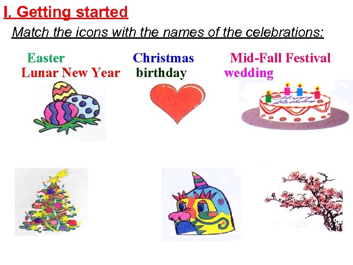 I. Getting started Match the icons with the names of the celebrations: Easter Christmas