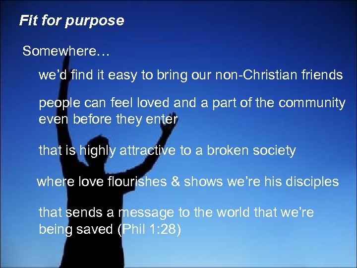 Fit for purpose Somewhere… we’d find it easy to bring our non-Christian friends people