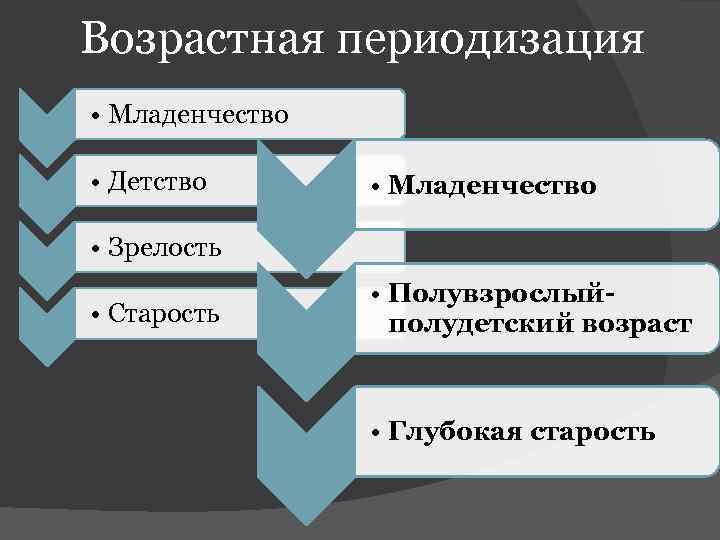 Возрастная периодизация • Младенчество • Детство • Младенчество • Зрелость • Старость • Полувзрослыйполудетский