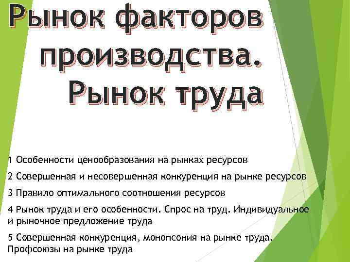 Особенности рынков факторов производства 10 класс презентация экономика