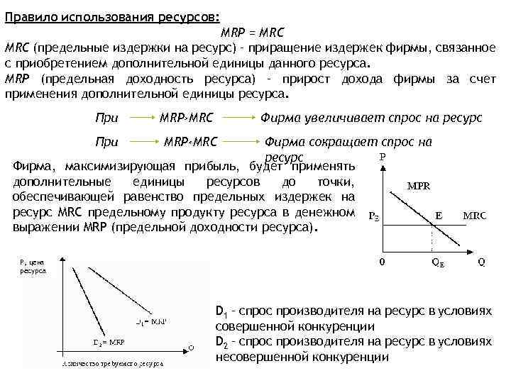 Правило использования ресурсов: MRP = MRC МRС (предельные издержки на ресурс) – приращение издержек