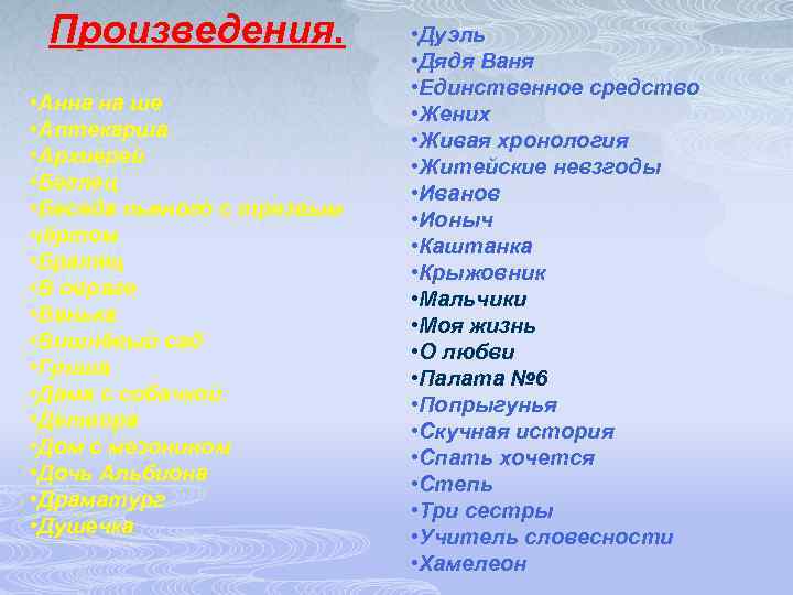 Произведения. • Анна на ше • Аптекарша • Архиерей • Беглец • Беседа пьяного