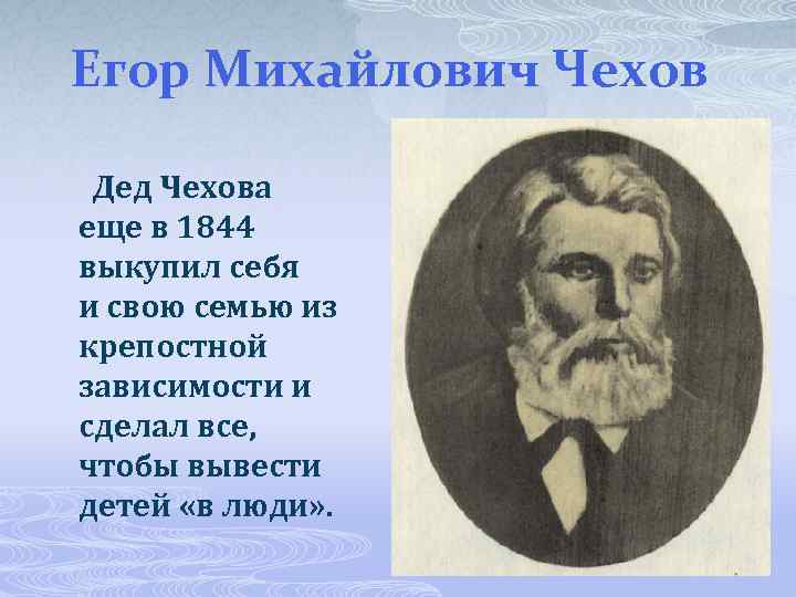 Егор Михайлович Чехов Дед Чехова еще в 1844 выкупил себя и свою семью из