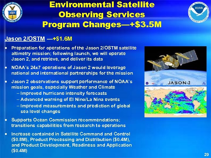 Environmental Satellite Observing Services Program Changes—+$3. 5 M Jason 2/OSTM —+$1. 6 M ·