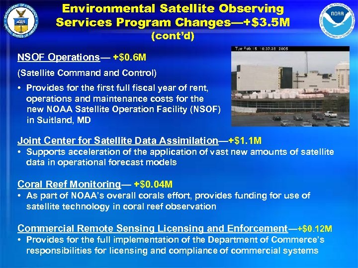 Environmental Satellite Observing Services Program Changes—+$3. 5 M (cont’d) NSOF Operations— +$0. 6 M