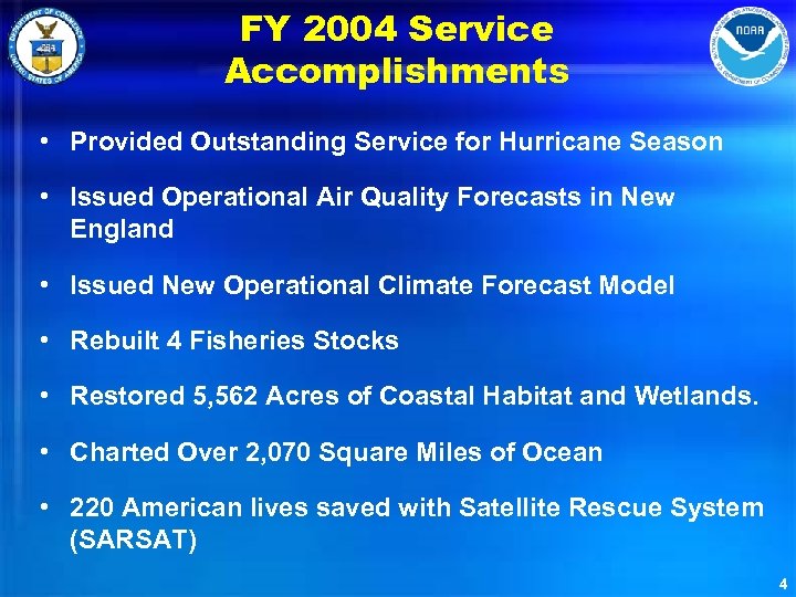 FY 2004 Service Accomplishments • Provided Outstanding Service for Hurricane Season • Issued Operational