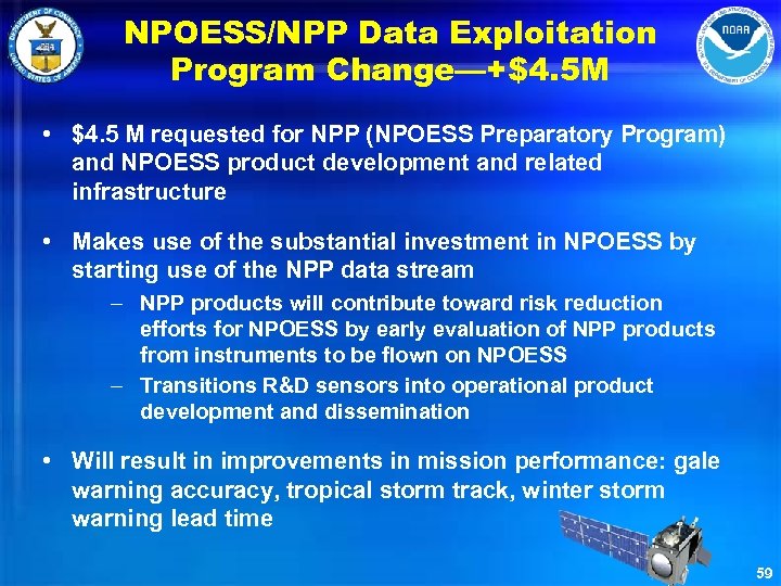 NPOESS/NPP Data Exploitation Program Change—+$4. 5 M • $4. 5 M requested for NPP