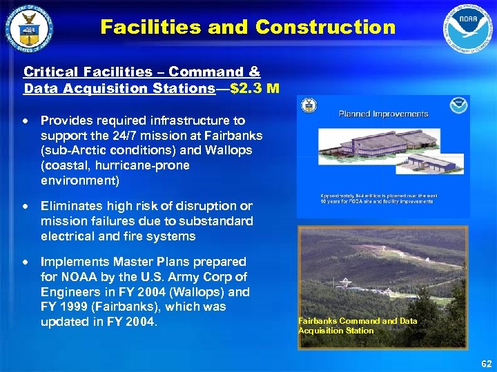 Facilities and Construction Critical Facilities – Command & Data Acquisition Stations—$2. 3 M ·
