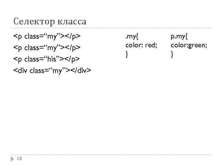 Селектор класса <p class=“my”></p> <p class=“his”></p> <div class=“my”></div> 19 . my{ color: red; }