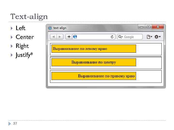 Text-align Left Center Right Justify* 37 