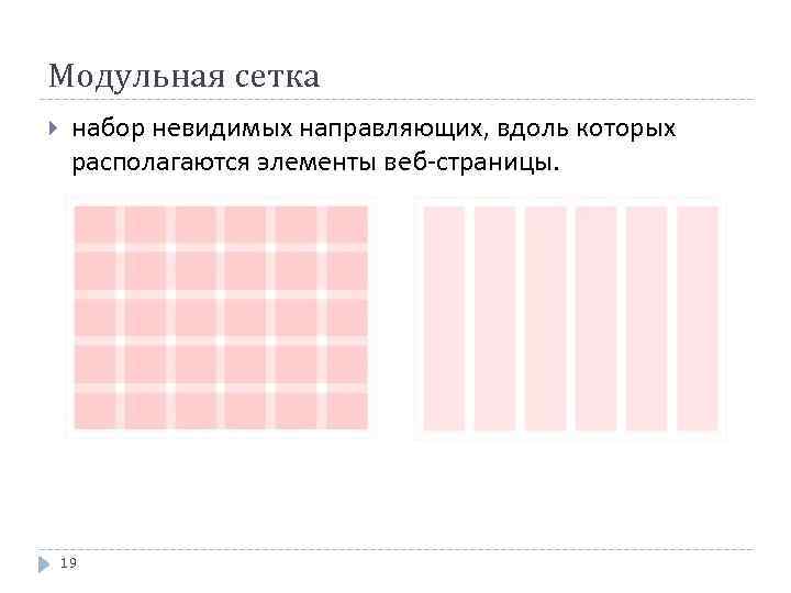 Модульная сетка набор невидимых направляющих, вдоль которых располагаются элементы веб-страницы. 19 