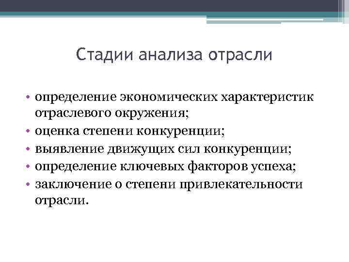Стадии анализа отрасли • определение экономических характеристик отраслевого окружения; • оценка степени конкуренции; •