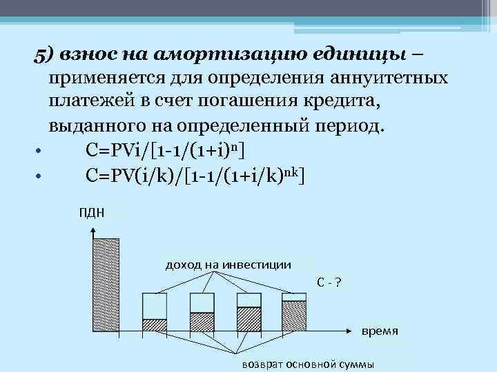 5) взнос на амортизацию единицы – применяется для определения аннуитетных платежей в счет погашения