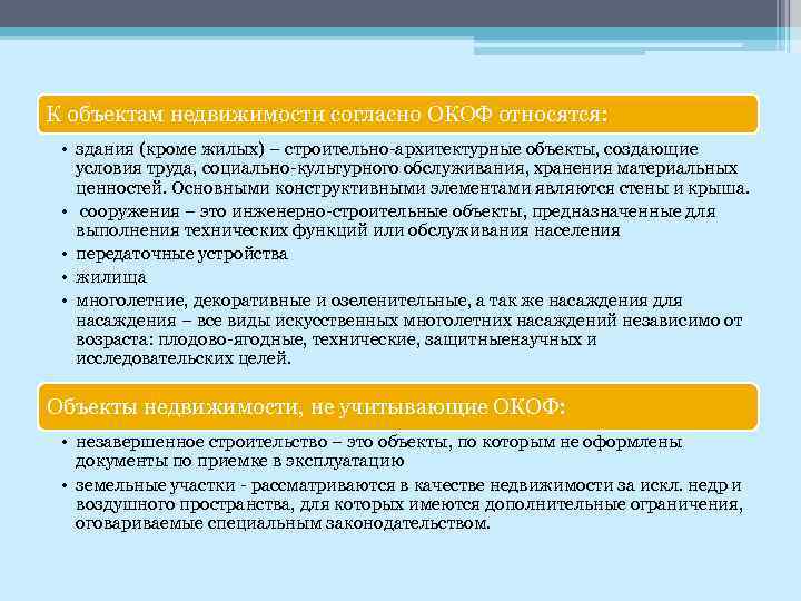 К объектам недвижимости согласно ОКОФ относятся: • здания (кроме жилых) – строительно-архитектурные объекты, создающие