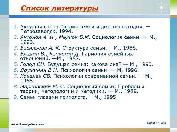 Список литературы 1. Актуальные проблемы семьи и детства сегодня. — Петрозаводск, 1994. 2. Антонов