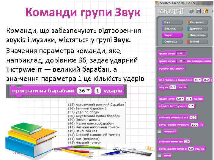 Команди групи Звук Команди, що забезпечують відтворен ня звуків і музики, містяться у групі