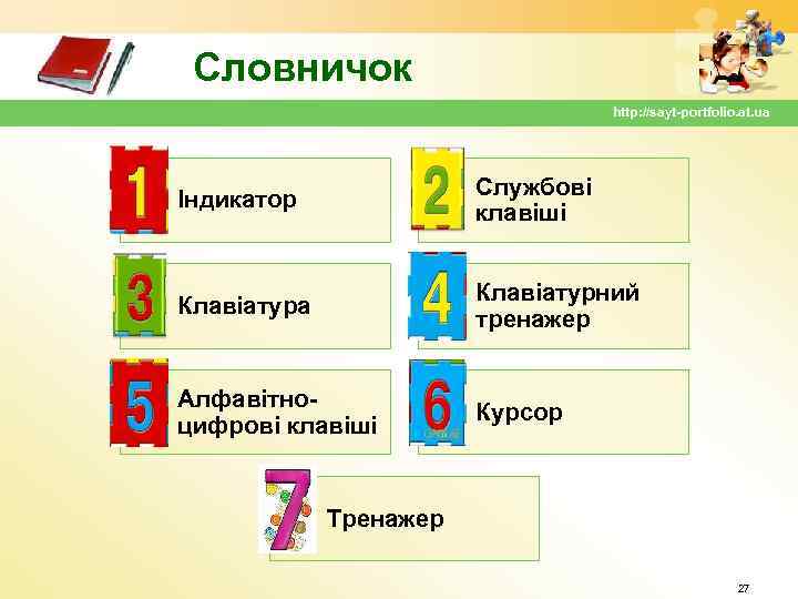 Словничок http: //sayt-portfolio. at. ua Індикатор Службові клавіші Клавіатура Клавіатурний тренажер Алфавітноцифрові клавіші Курсор