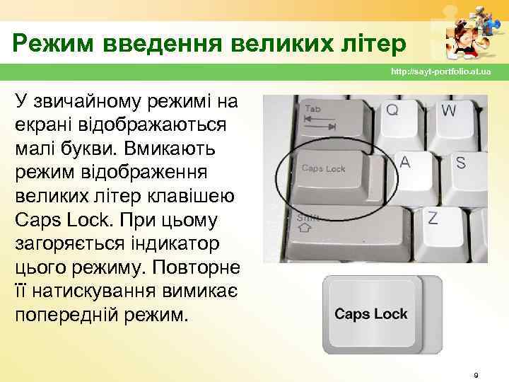 Режим введення великих літер http: //sayt-portfolio. at. ua У звичайному режимі на екрані відображаються