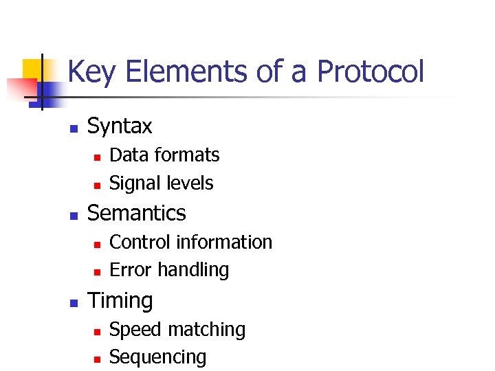Key Elements of a Protocol n Syntax n n n Semantics n n n