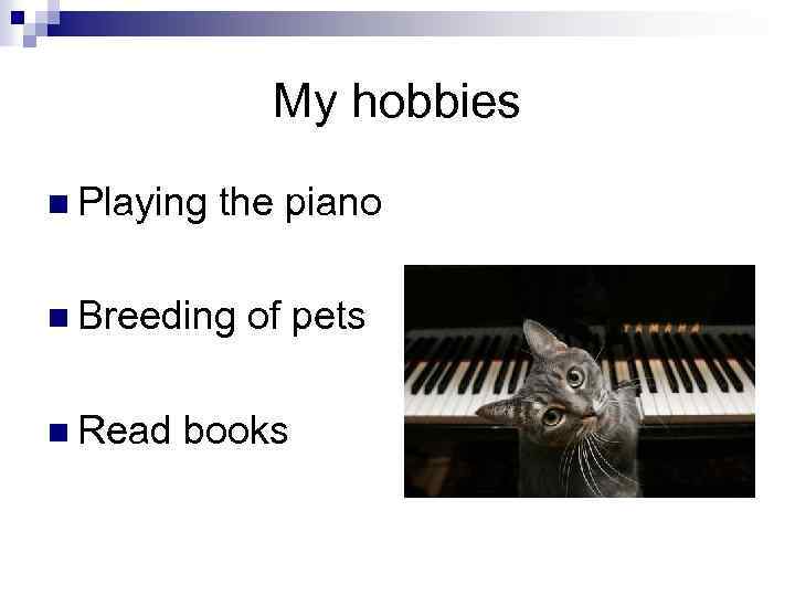 My hobbies n Playing the piano n Breeding n Read of pets books 
