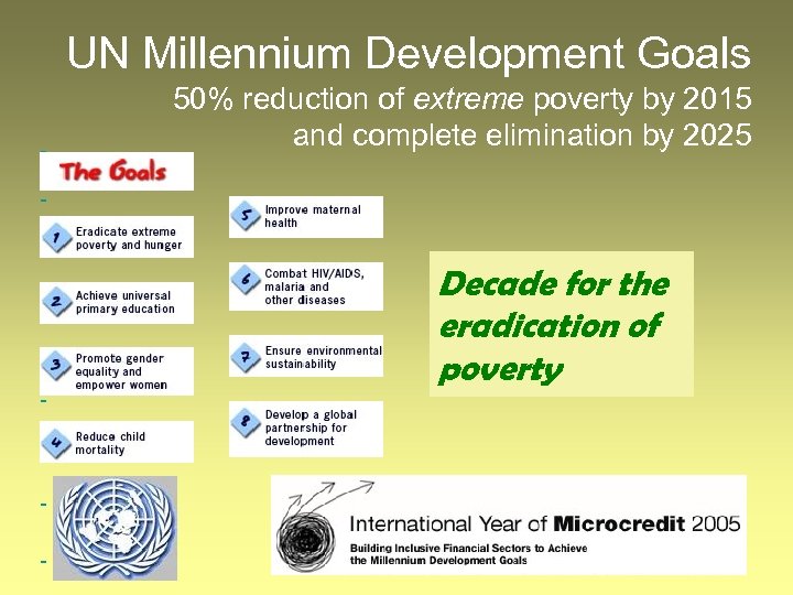 UN Millennium Development Goals 50% reduction of extreme poverty by 2015 and complete elimination