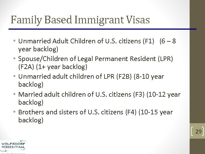 Family Based Immigrant Visas • Unmarried Adult Children of U. S. citizens (F 1)