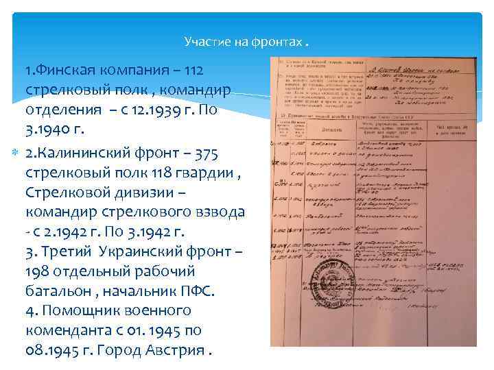 Участие на фронтах. 1. Финская компания – 112 стрелковый полк , командир отделения –
