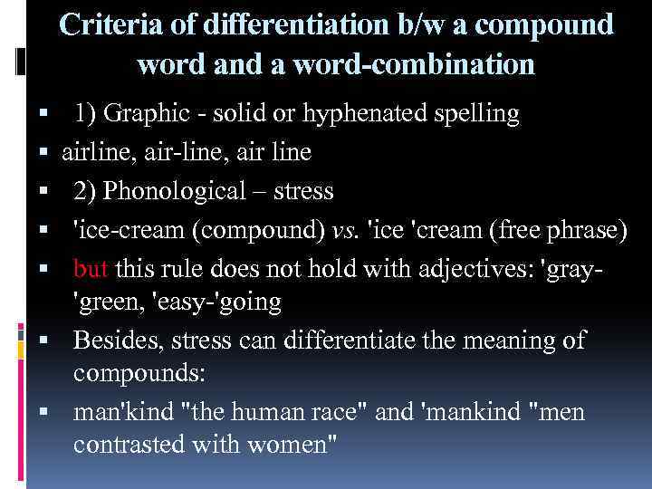 Criteria of differentiation b/w a compound word and a word-combination 1) Graphic - solid