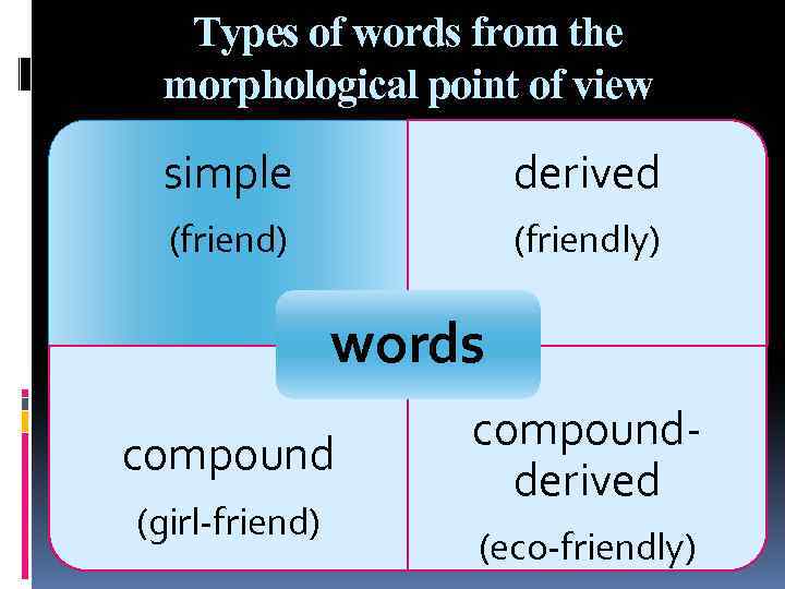 Types of words from the morphological point of view simple derived (friend) (friendly) words