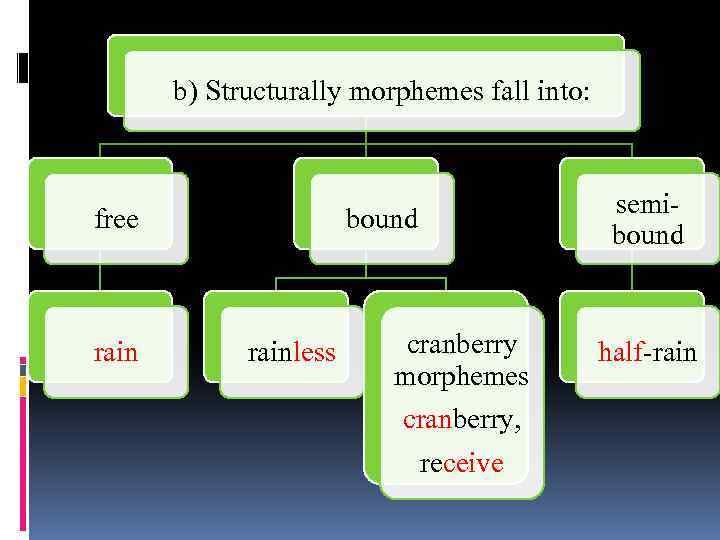 b) Structurally morphemes fall into: free rain bound rainless cranberry morphemes cranberry, receive semibound