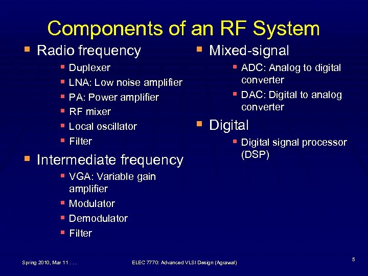 Components of an RF System § Radio frequency § Duplexer § LNA: Low noise