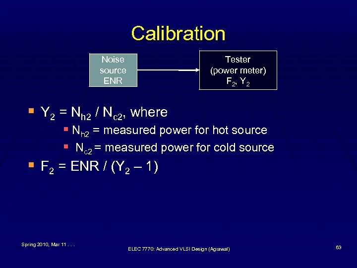 Calibration Noise source ENR Tester (power meter) F 2 , Y 2 § Y