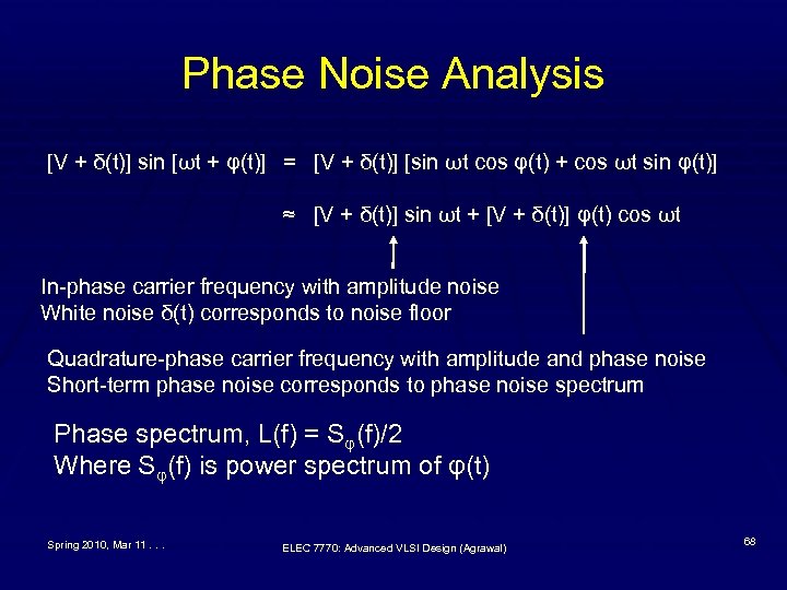 Phase Noise Analysis [V + δ(t)] sin [ωt + φ(t)] = [V + δ(t)]