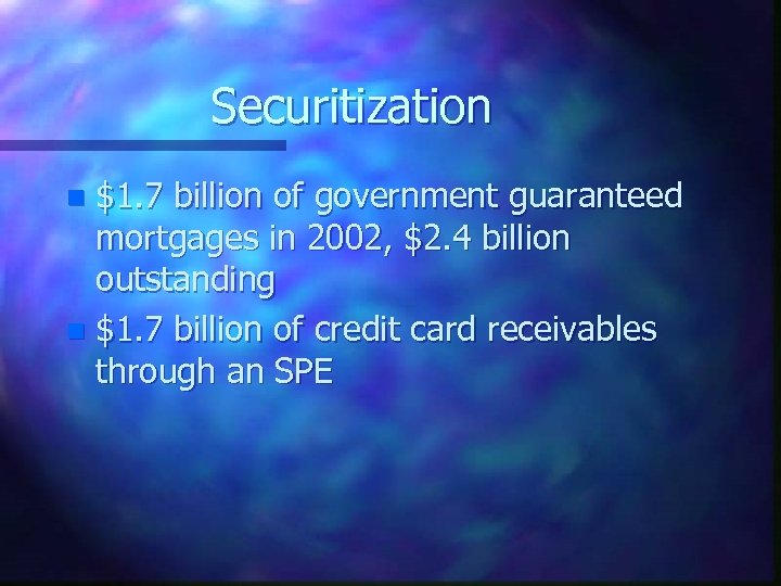 Securitization $1. 7 billion of government guaranteed mortgages in 2002, $2. 4 billion outstanding